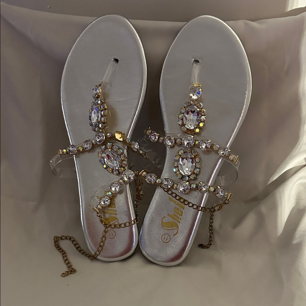 Shimmering Silver Sandals with Gold Details